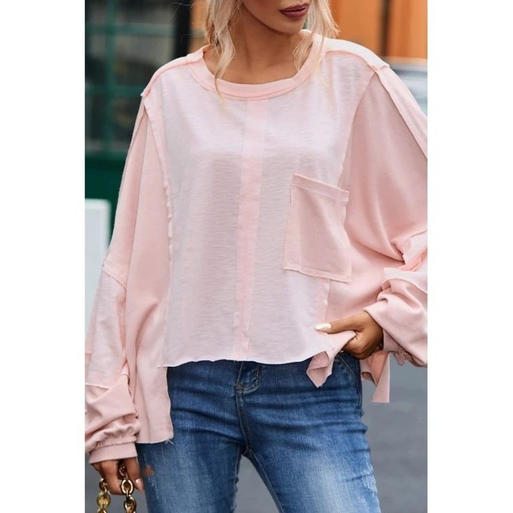 Patchwork Raw Hem Top Women L Pink Exposed Seam Oversized Slouchy Long Sleeve
